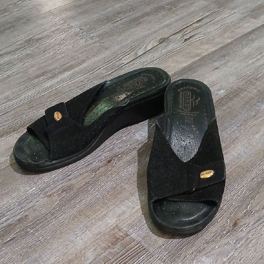 Fly Flot black Anti shock Italian Comfort Anatomic black sandals Sz 38 EUC